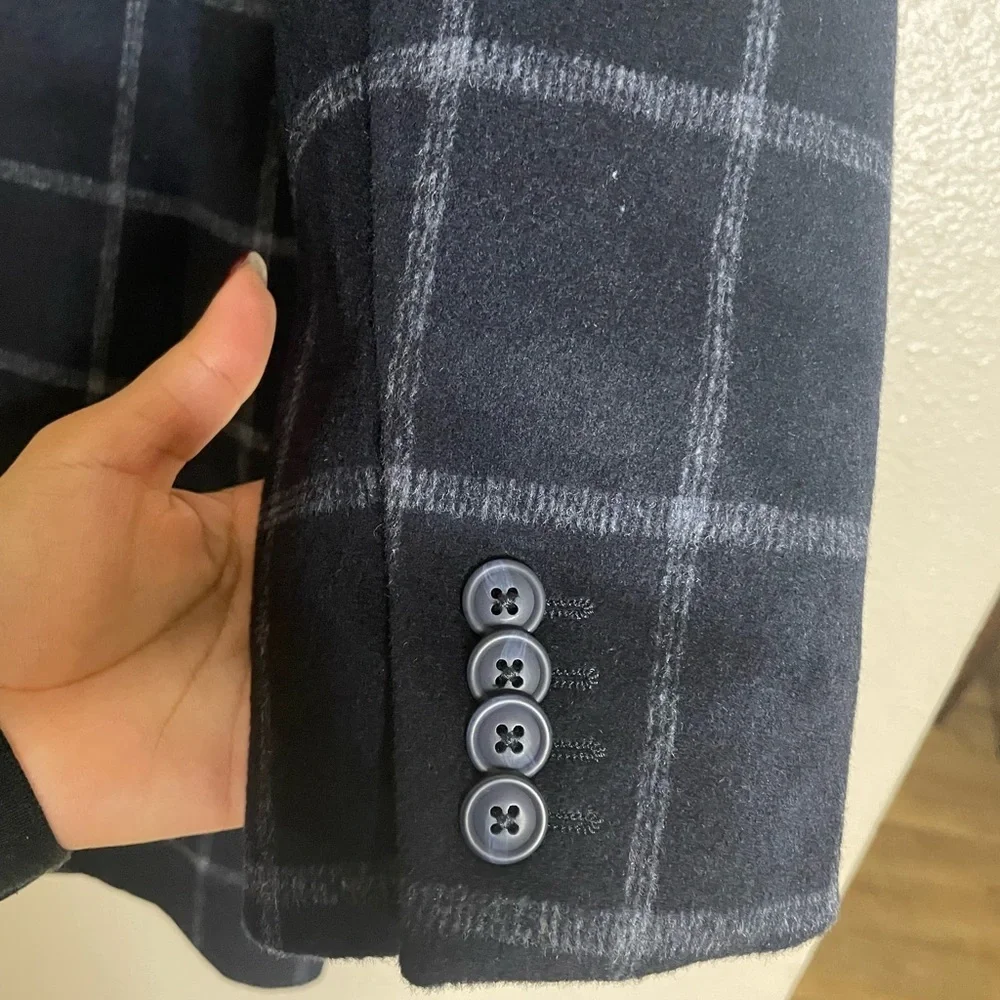 Express Men's Wool Blend Dark Blue Plaid TopCoat size Small